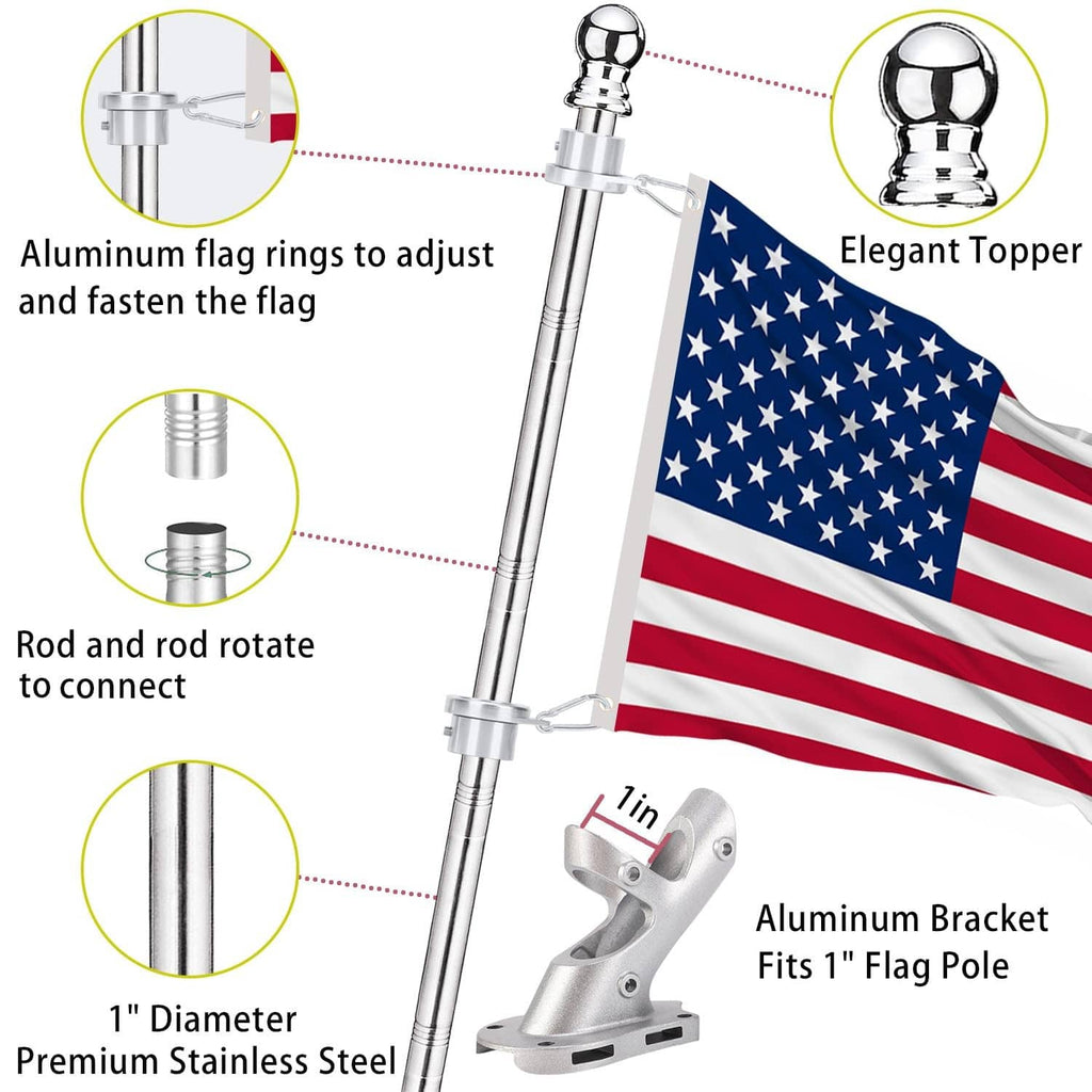 Silver flag pole with ball topper, adjustable flag rings, and aluminum bracket base