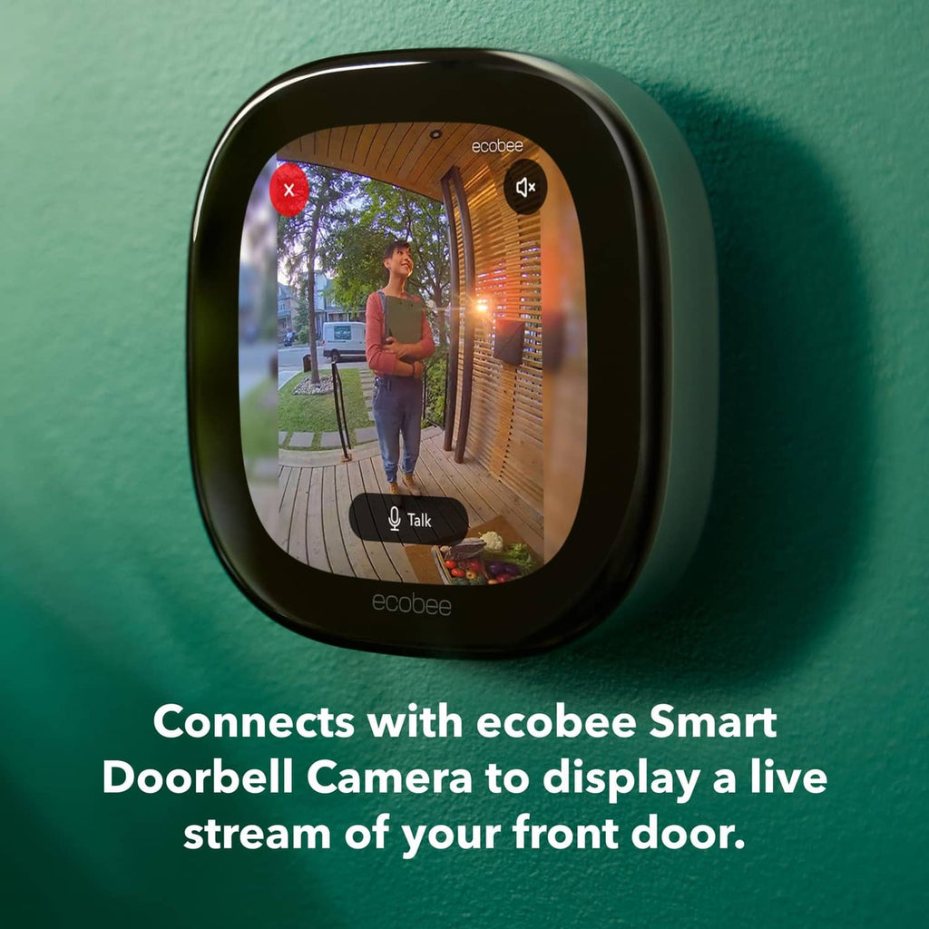 Black ecobee doorbell camera showing live video stream on screen