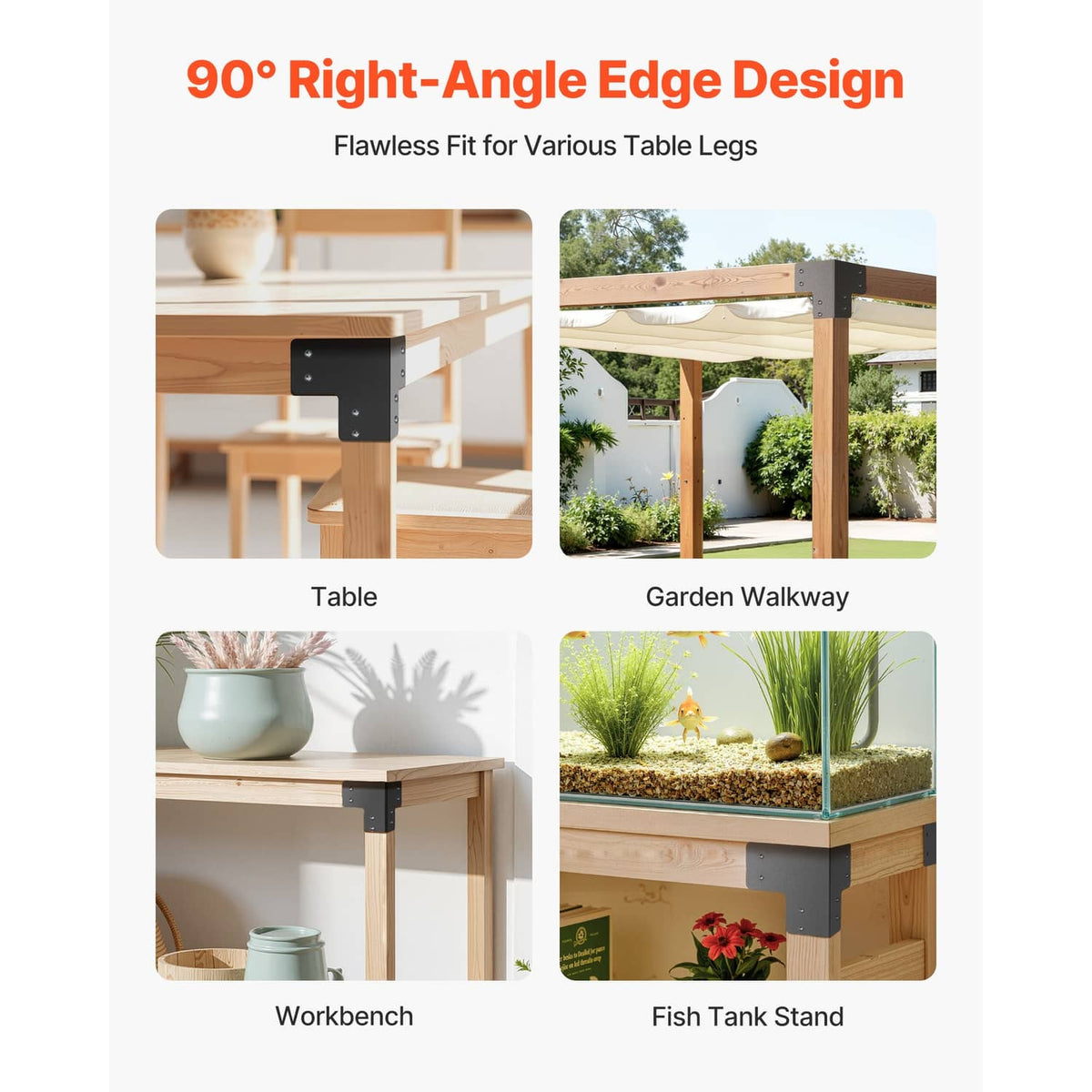 Black 90-degree corner bracket for table legs, mounted with predrilled holes