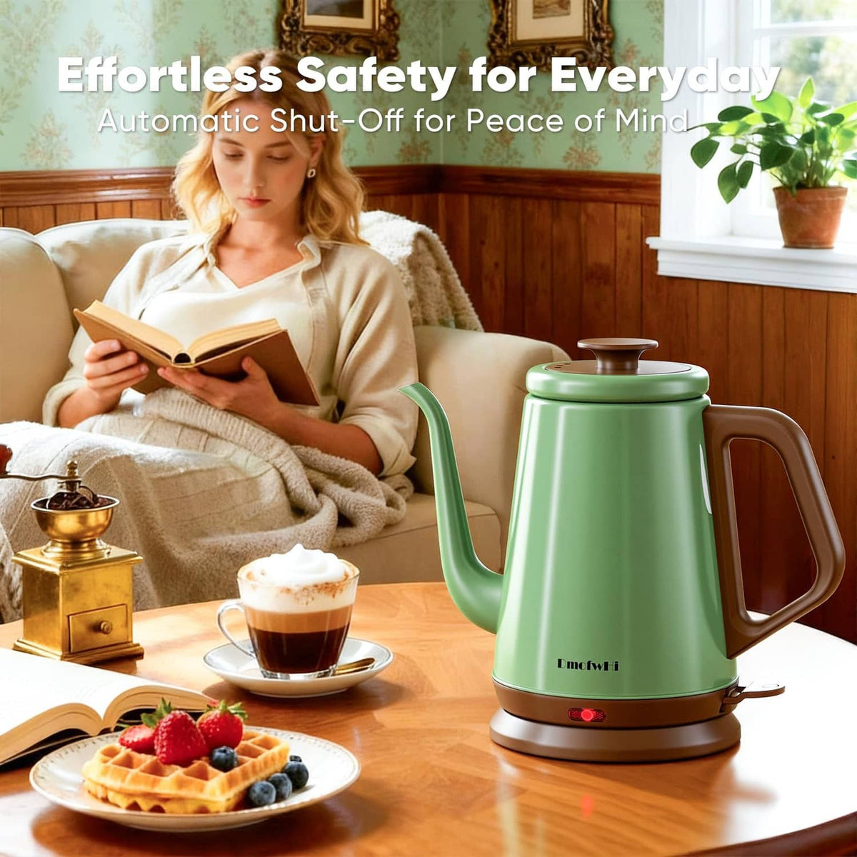 Green electric gooseneck kettle with copper lid knob and brown handle