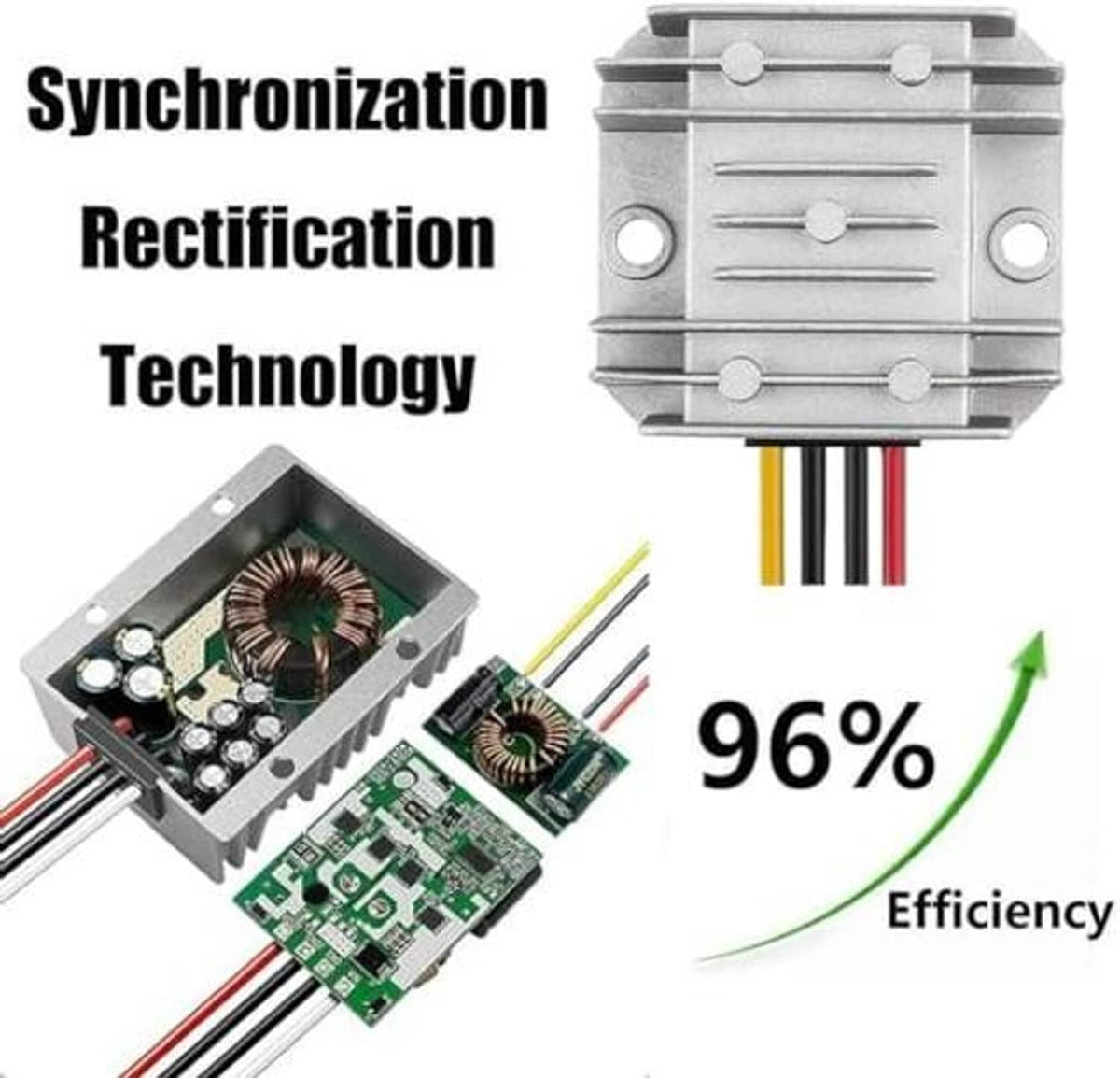 DC-DC voltage regulator efficiency and rectification technology diagram with terminal leads