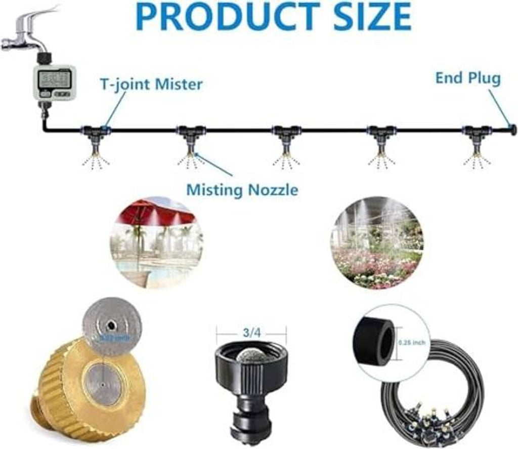 Misting hose kit diagram with timer, t-joint misters, misting nozzles, and end plug