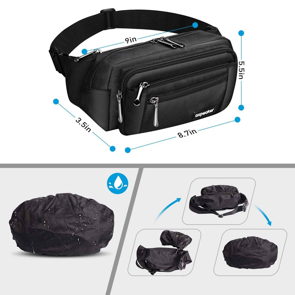 Black waist pack with multiple front zippers and included rain cover pouch