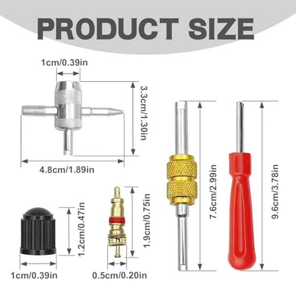 Valve core remover tool with red handle and gold/silver head with size indicator arrows