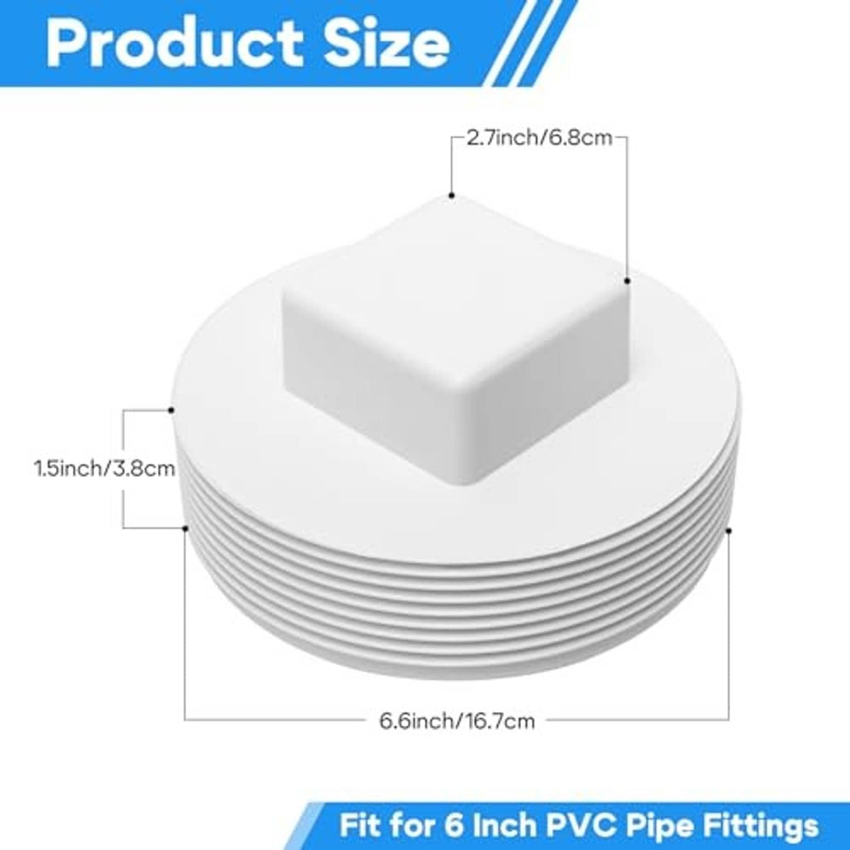 White PVC sewer cleanout plug fitting with ridged rim and raised square sealing surface