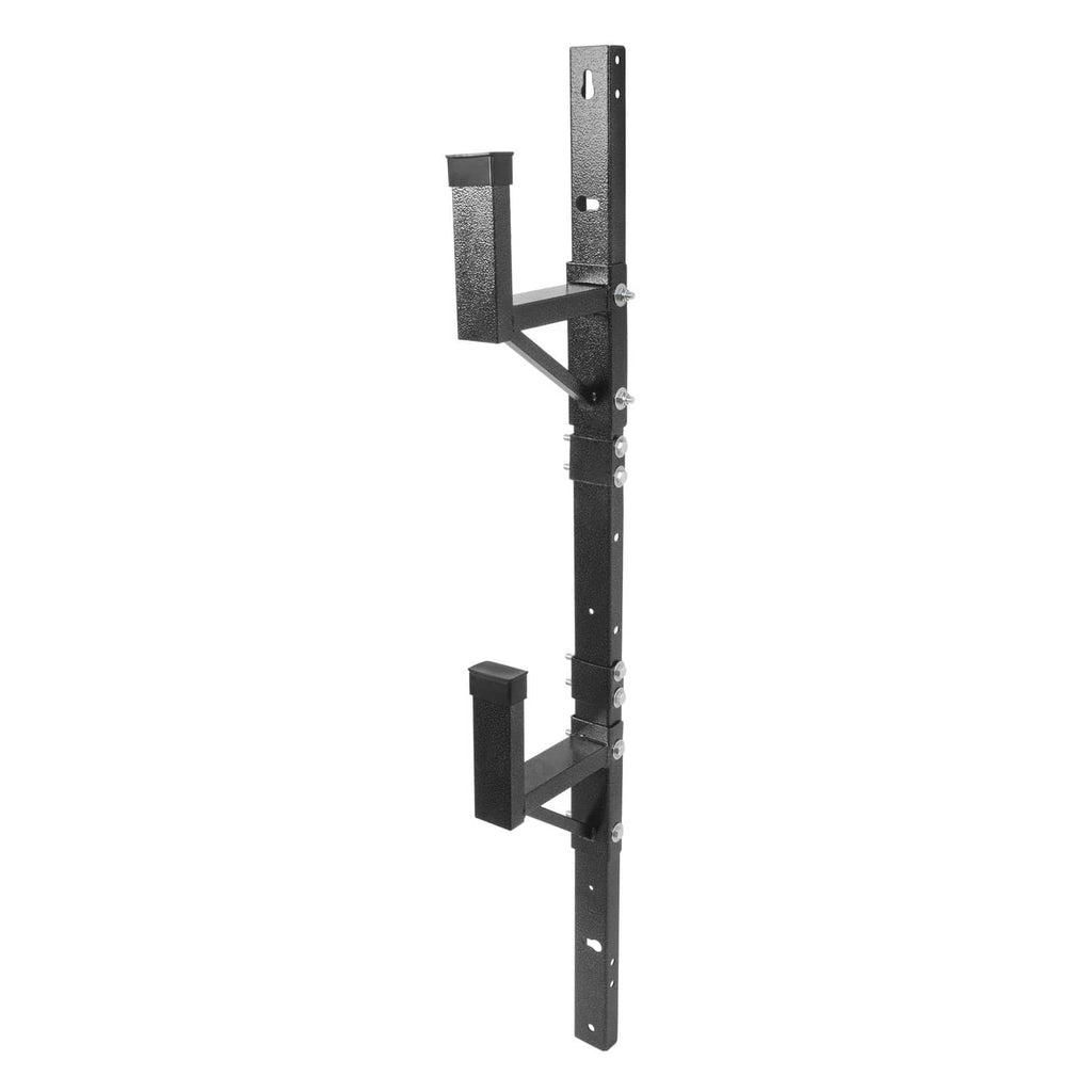 Adjustable trailer ladder rack exterior wall mount with black vertical rail and step brackets
