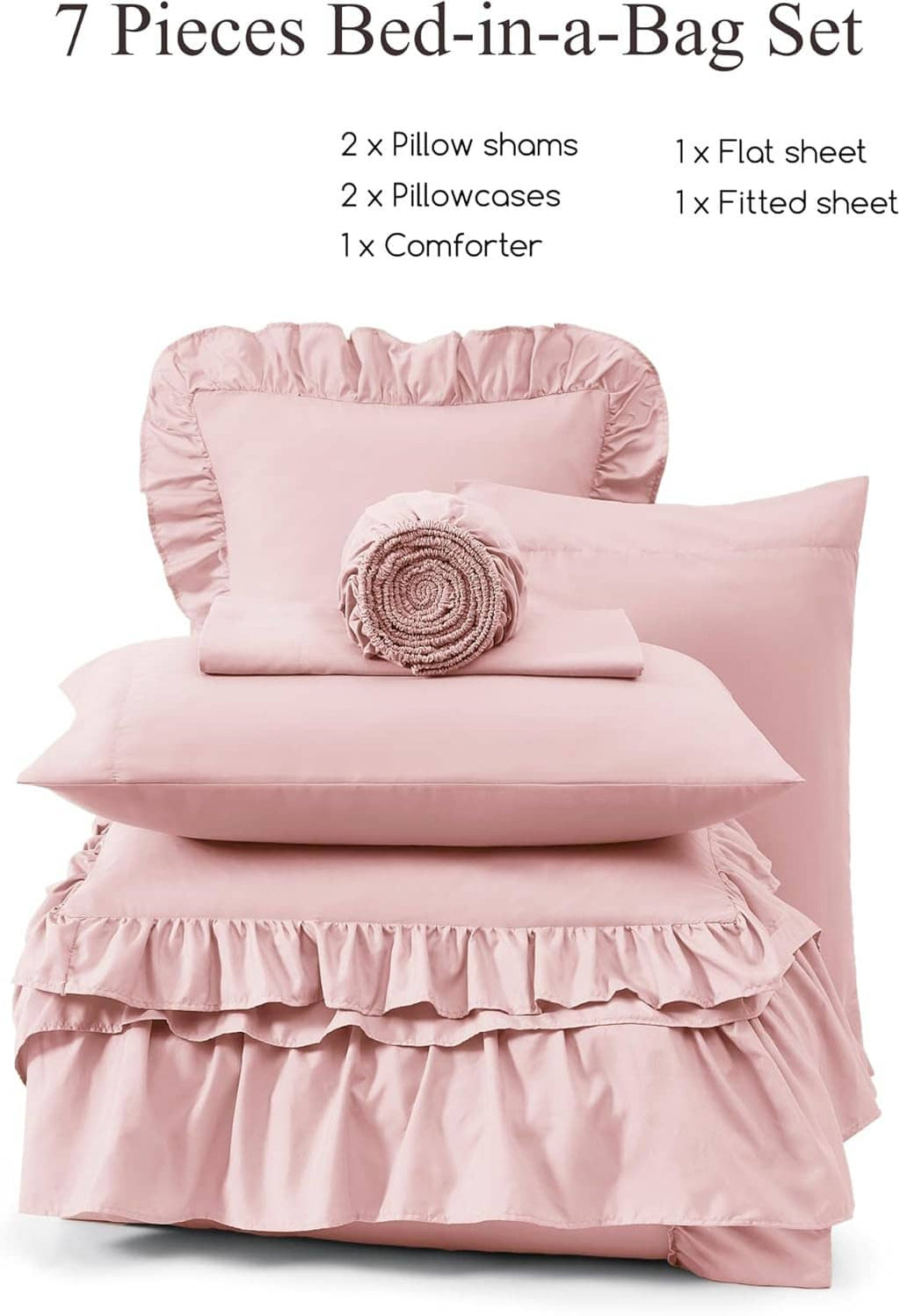 7-piece blush pink queen bed-in-a-bag set with comforter, sheets, and pillow shams