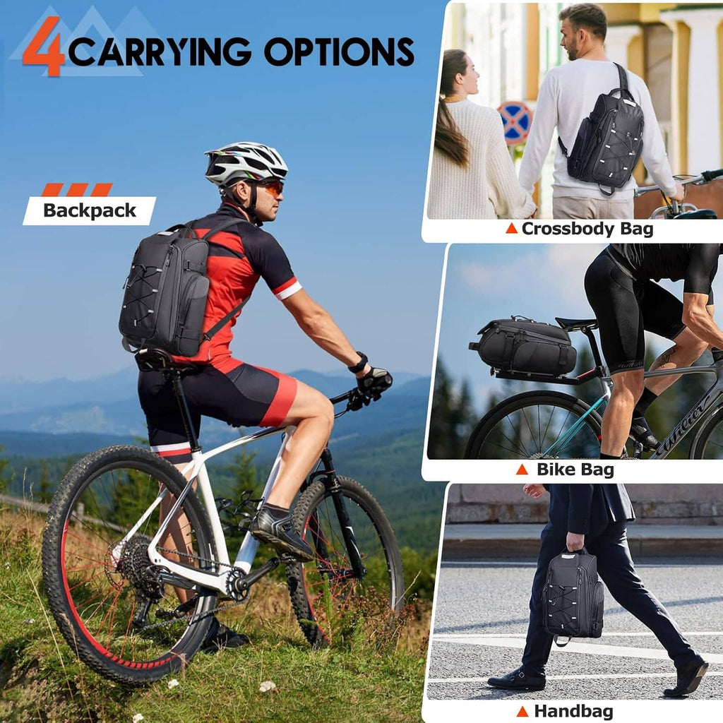 Black convertible bike trunk bag with backpack shoulder straps and carry handle