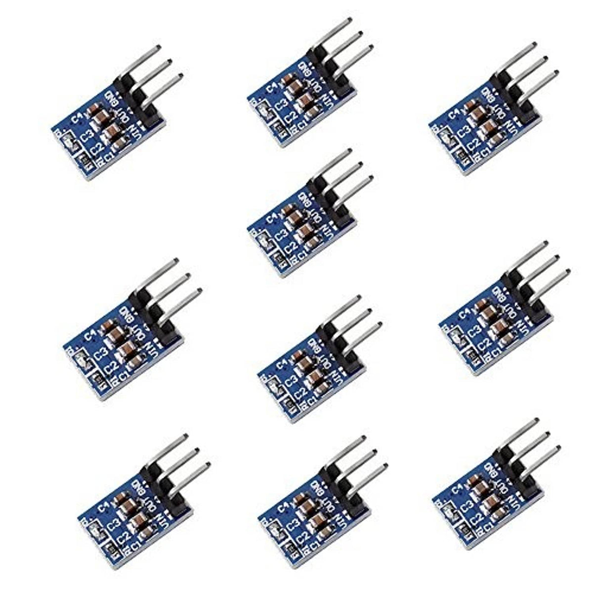 10-pack blue AMS1117 3.3V DC step-down regulator modules with three metal pin leads