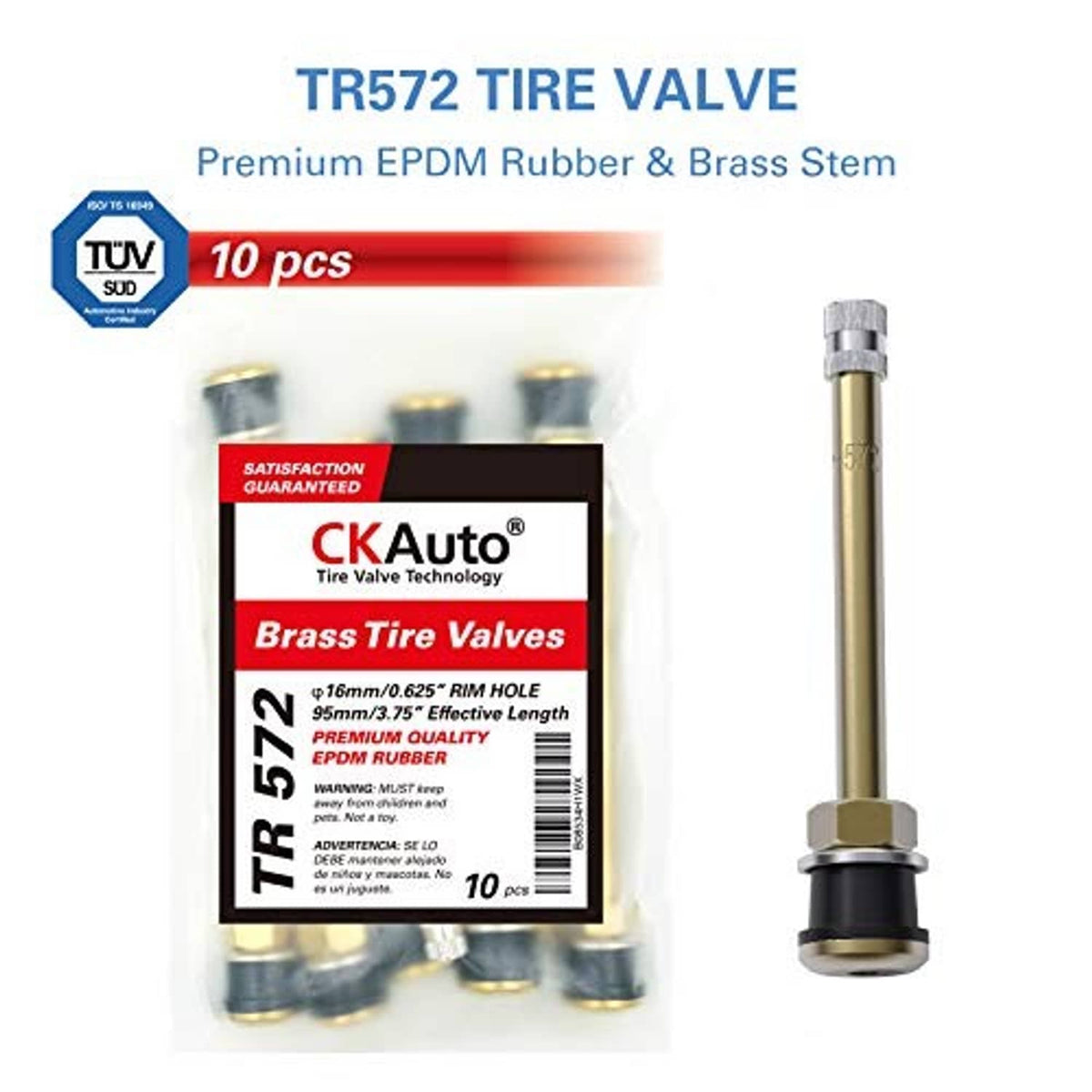 Brass tire valve stem with black rubber base, shown with 10-pack bag