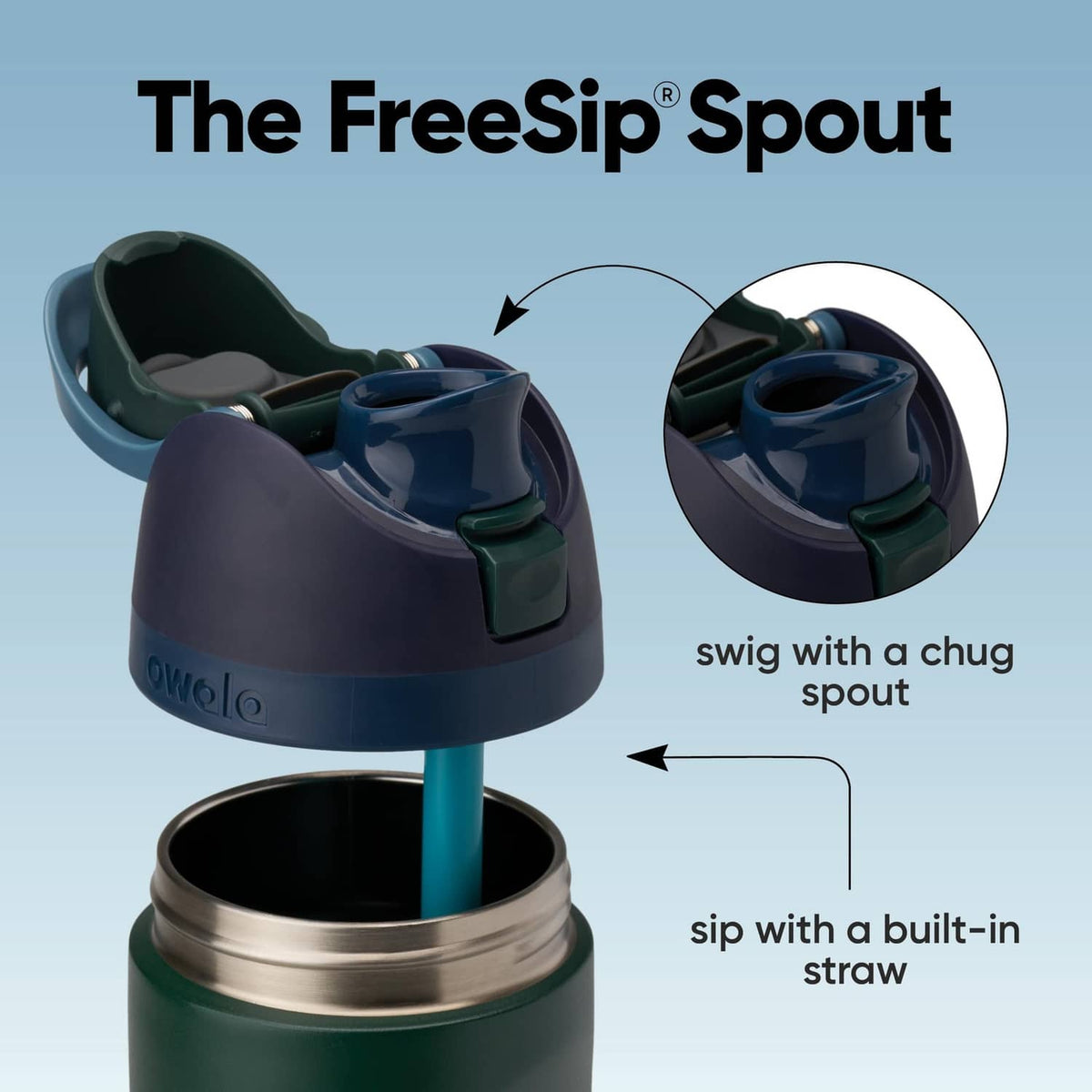 Insulated water bottle with open FreeSip spout and built-in straw, dark green