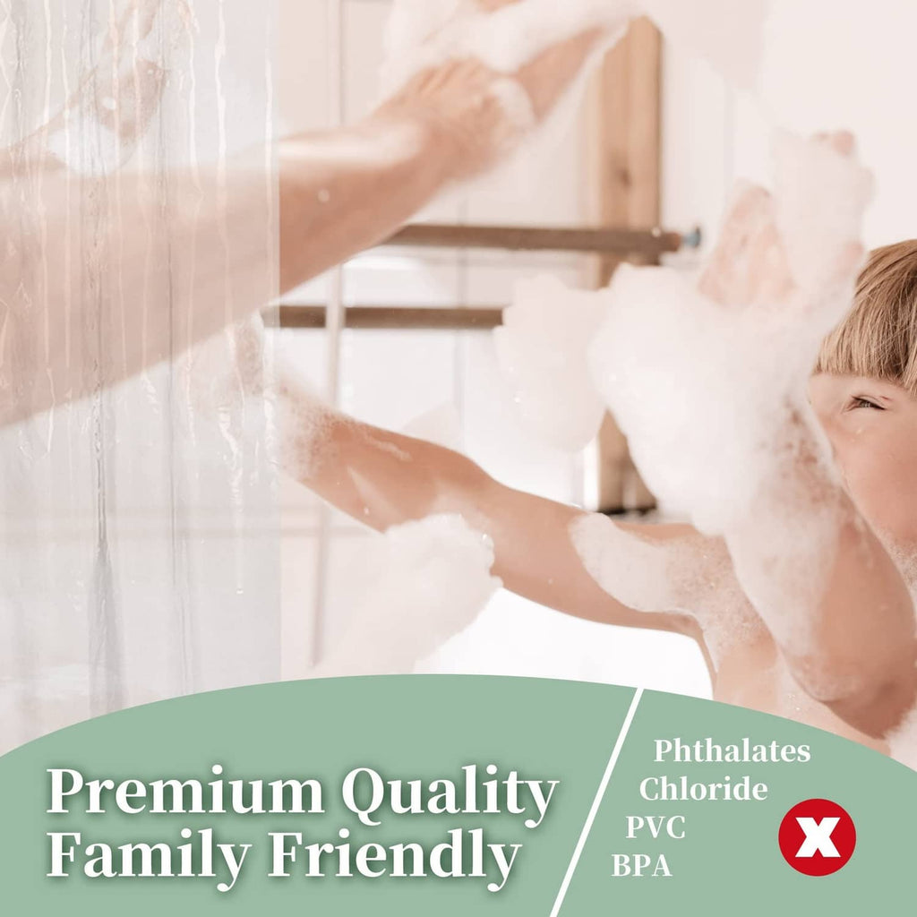 Clear plastic shower curtain liner for full bathroom water protection.