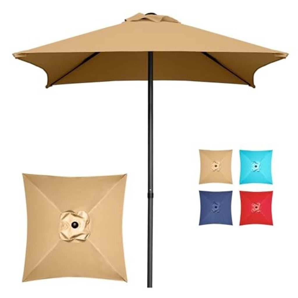 Tan mini square patio umbrella with vented canopy, center pole, and fabric panel options
