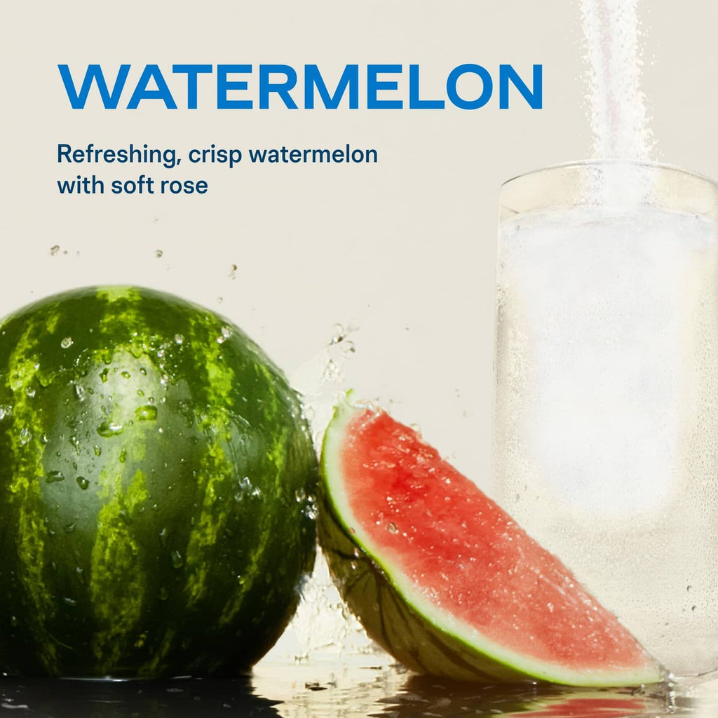Watermelon electrolyte drink mix depiction with a glass of water and sliced watermelon.