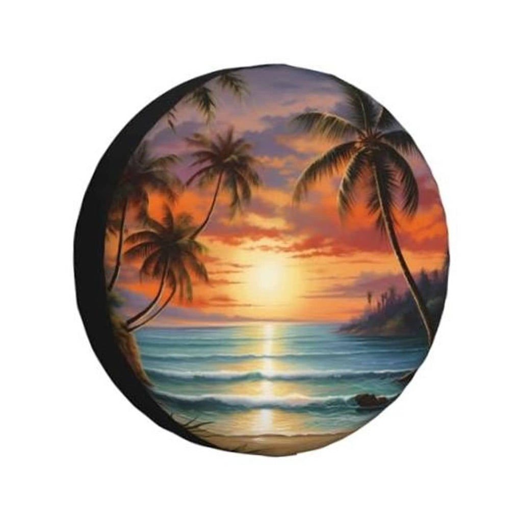 Weatherproof spare tire cover with tropical sunset and palm trees, black edge