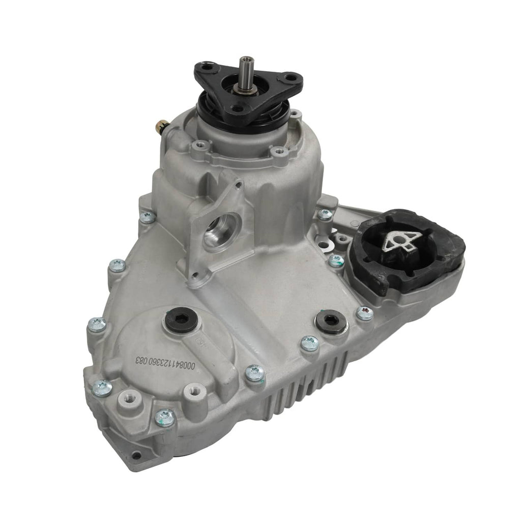 Transfer case assembly with gray housing, black engine-side mount, and metal shaft