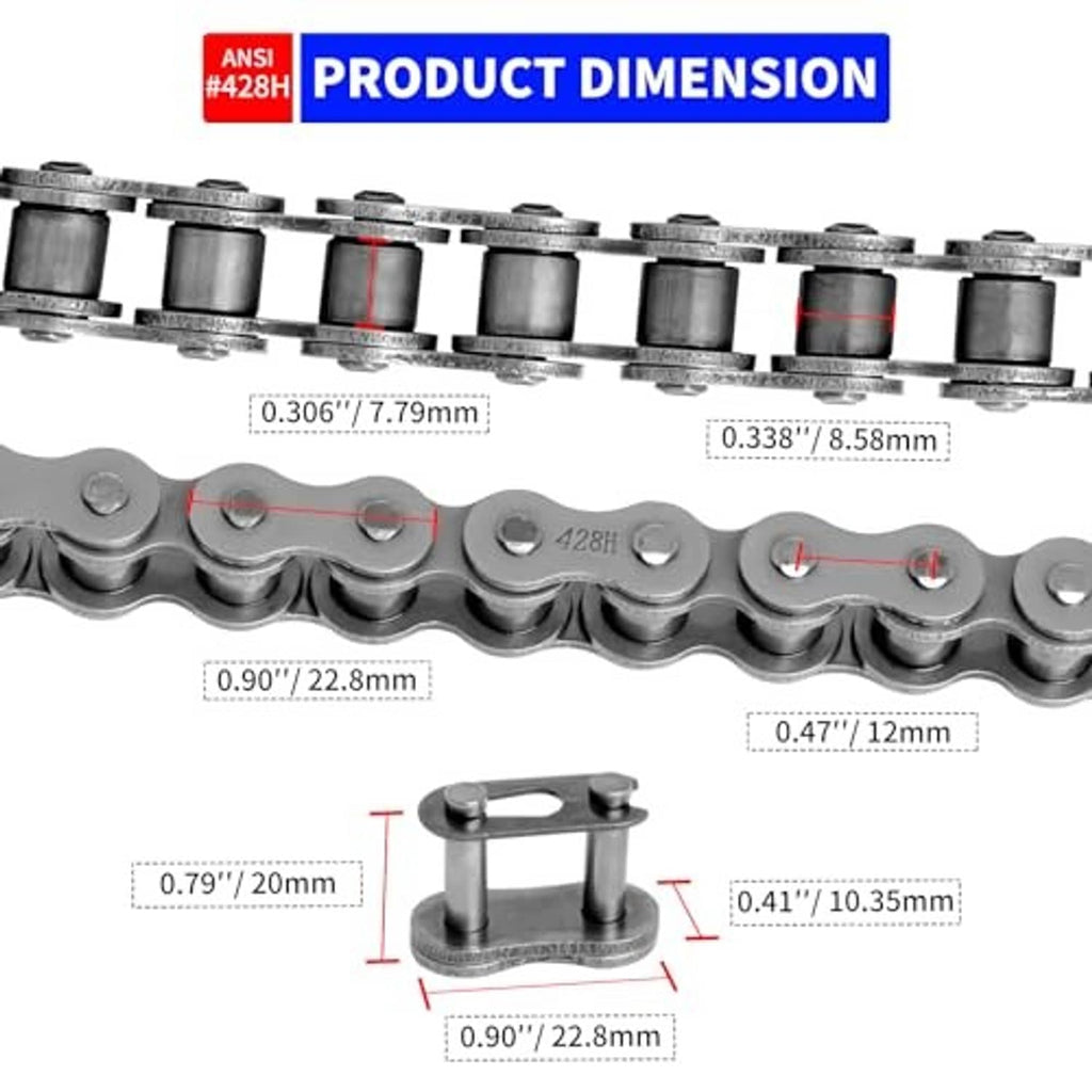Motorcycle chain link assembly shown in close-up with side measurement view