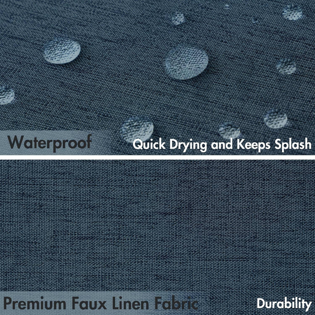 Navy blue faux linen shower curtain fabric with water droplets, quick-dry look.