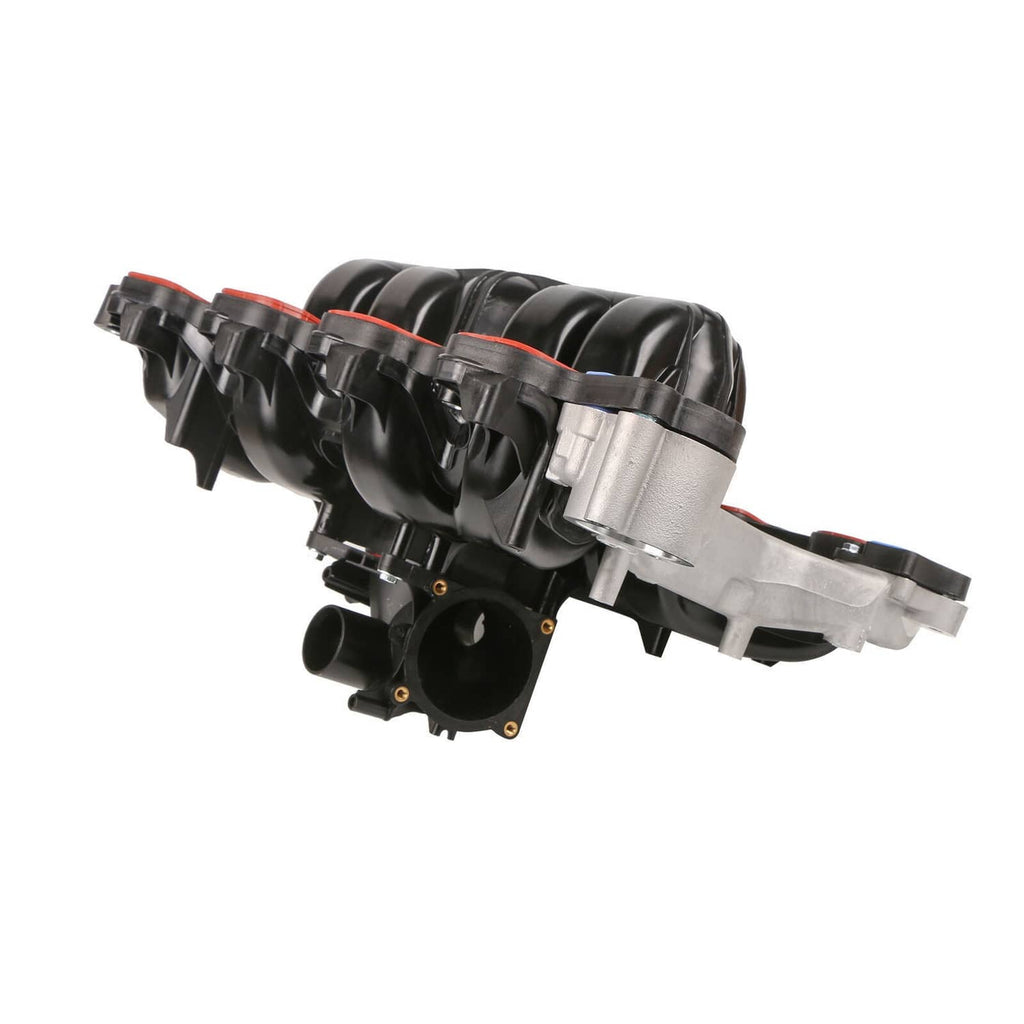 Engine intake manifold side view with red gasket lines and silver mounting flange