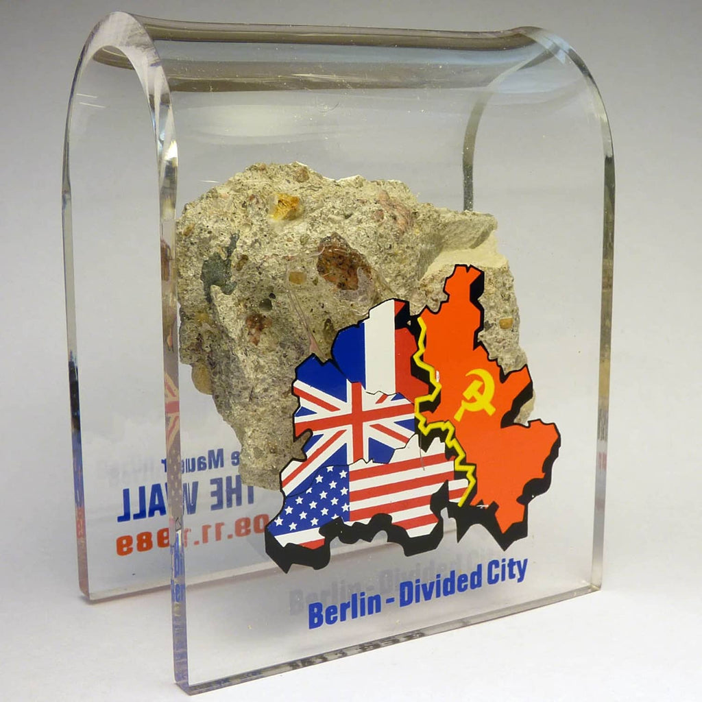 Acrylic display case with Berlin Wall rock and Berlin-Divided City map flags, clear front