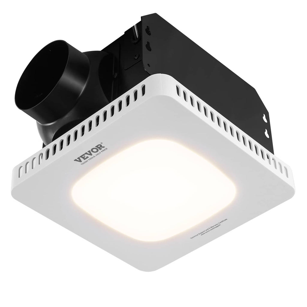 Bathroom exhaust fan with LED light on, white grille glowing with black duct outlets