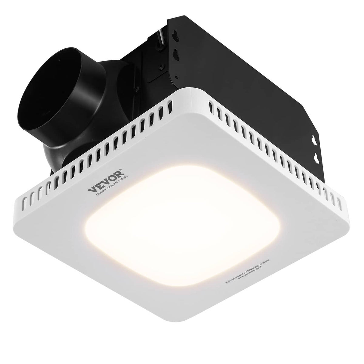 Bathroom exhaust fan with LED light on, white grille glowing with black duct outlets