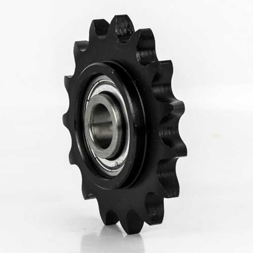 Black roller chain sprocket with 15 teeth and side view of bearing bore