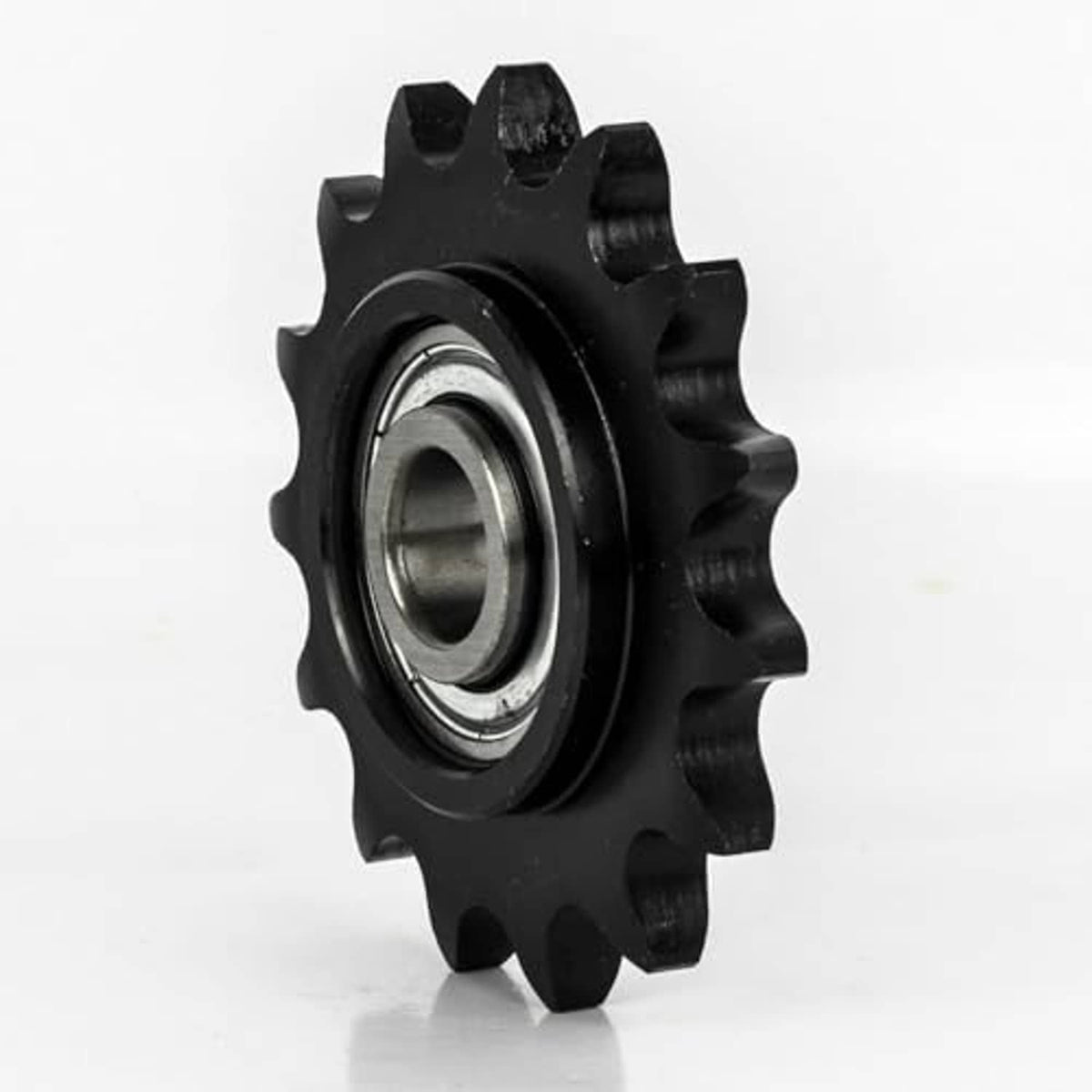 Black roller chain sprocket with 15 teeth and side view of bearing bore