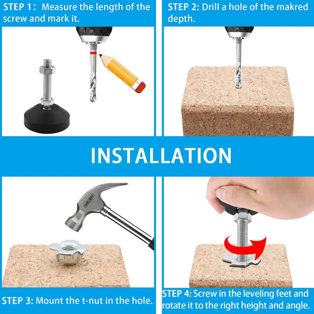 Leveling feet with T-nuts for installation, shown with drill and wrench
