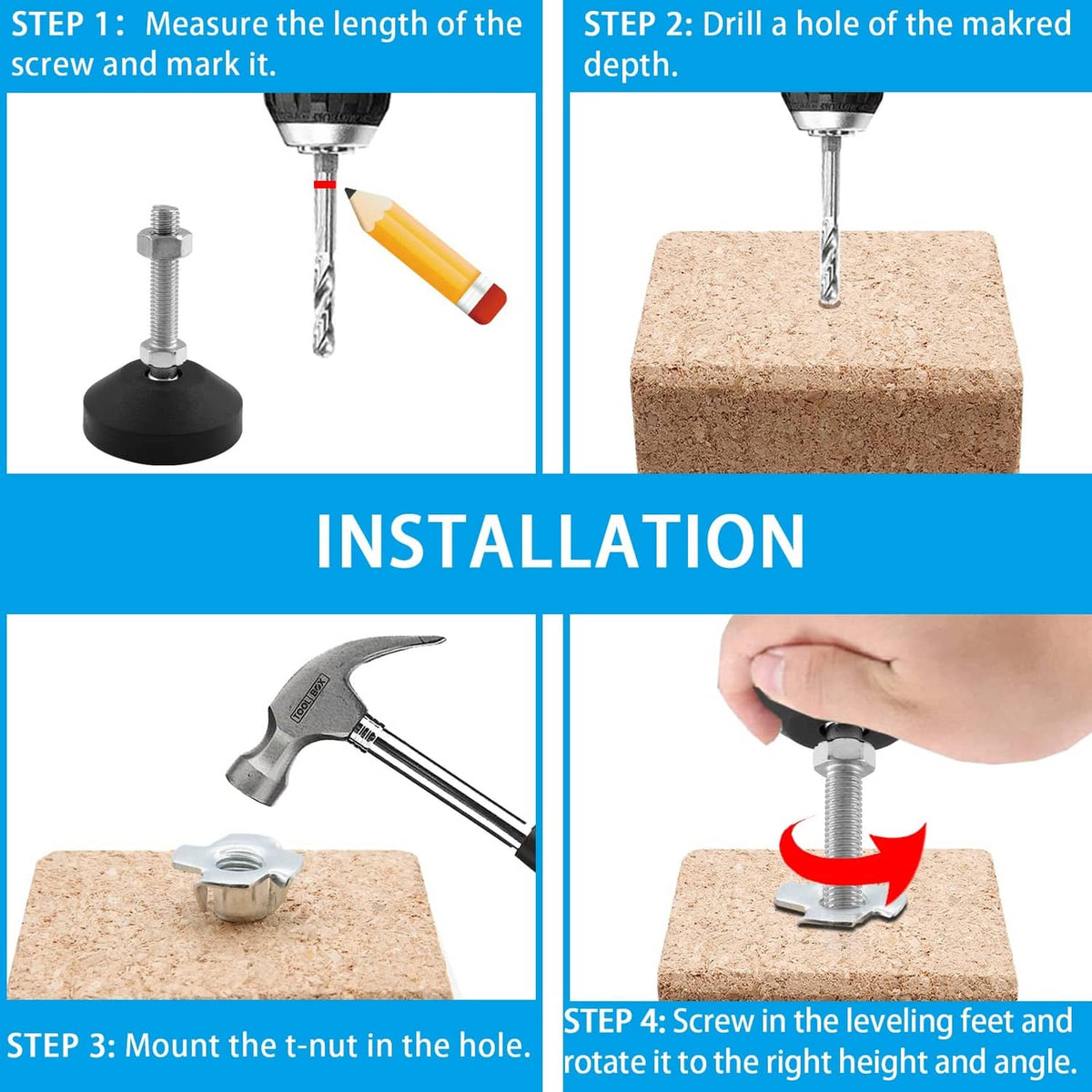 Leveling feet with T-nuts for installation, shown with drill and wrench