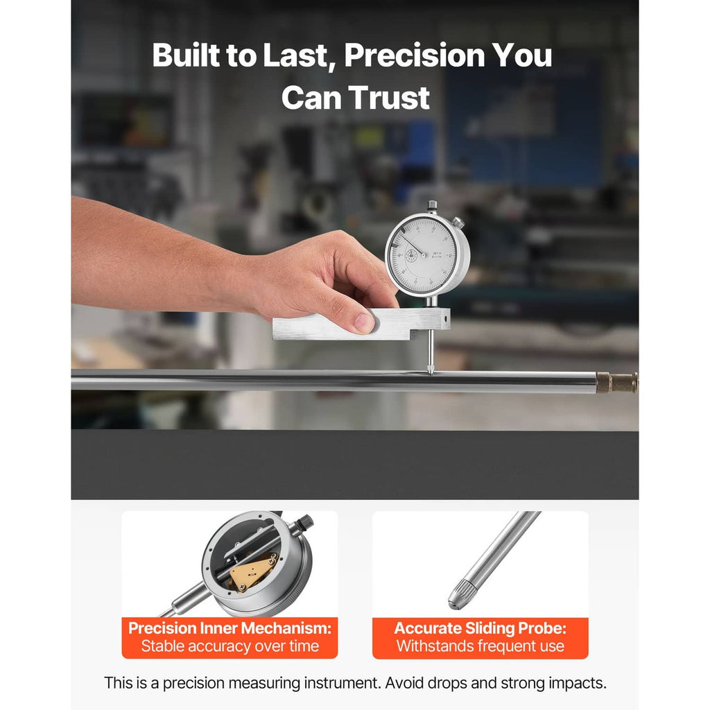 Dial test indicator with metal base and slender probe contacting a metal bar