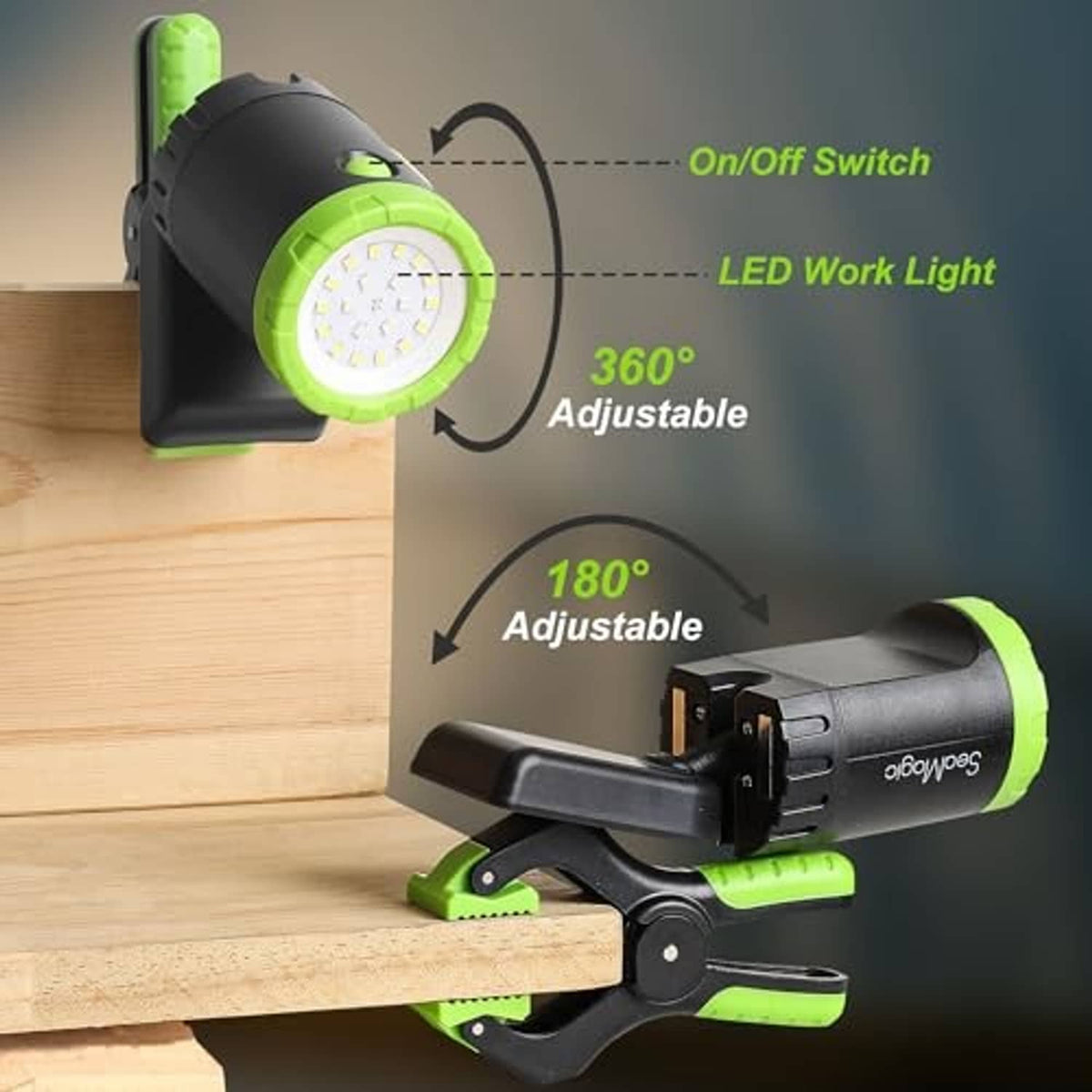 Rechargeable LED work light with adjustable green LED head and black clamp base on wood