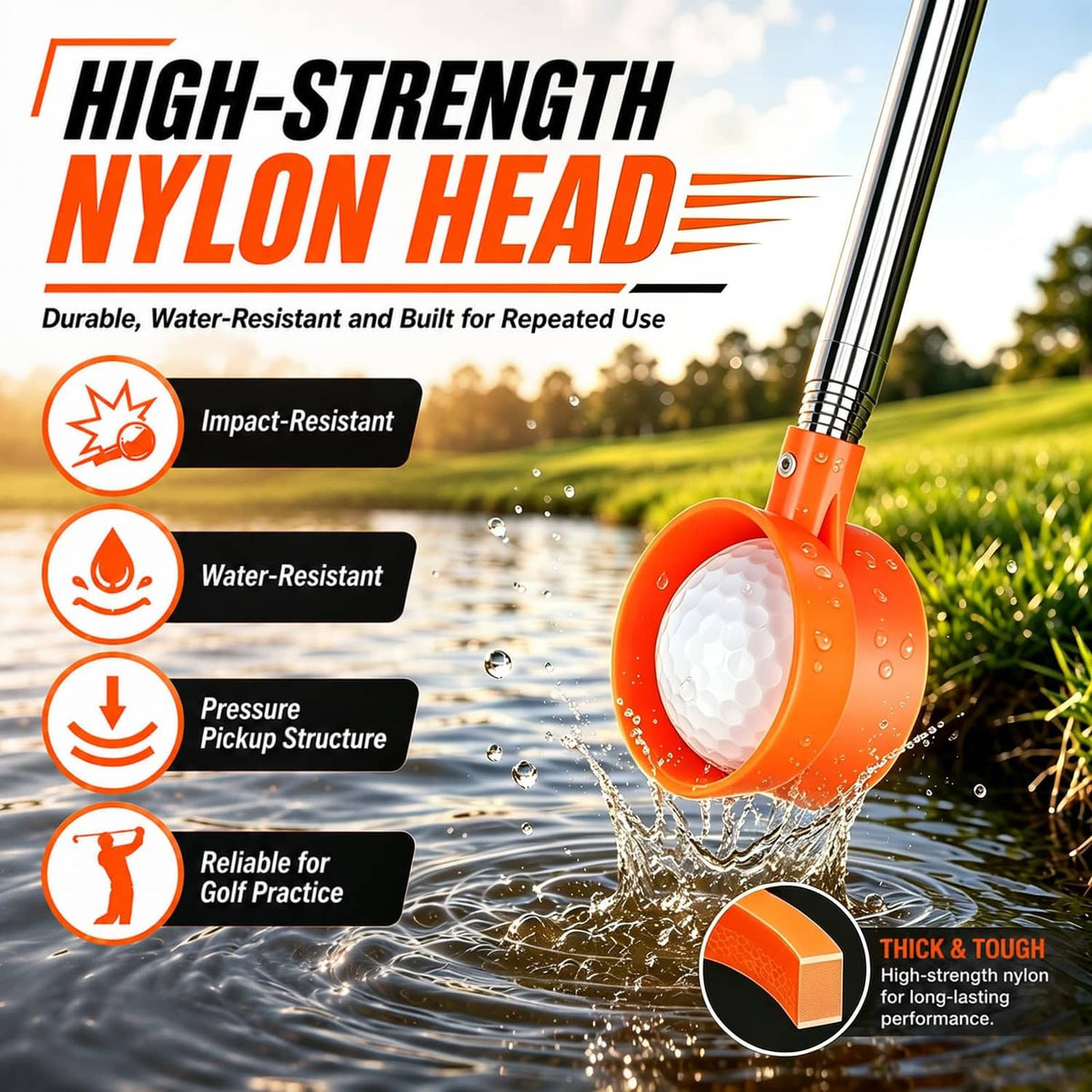 Orange scoop golf ball retriever head with water splash and telescopic metal shaft
