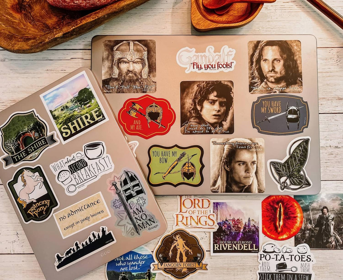 Lord of the Rings vinyl sticker bundle, character portraits and themed emblem decals