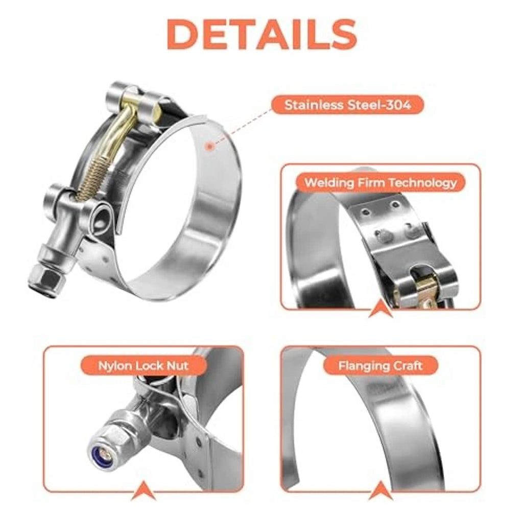 Close-up T-bolt hose clamp with stainless steel band, gold-toned threaded strap, and hex bolt