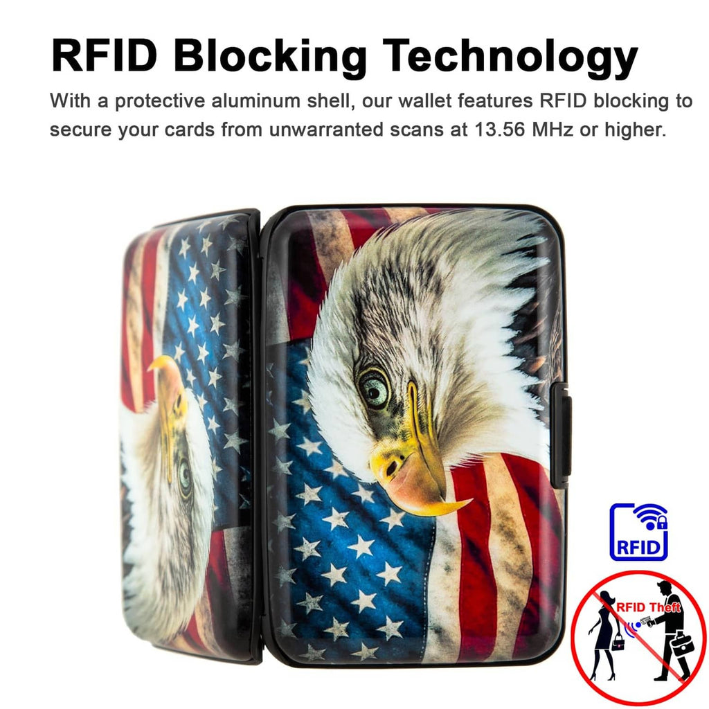 Small RFID card holder open view, bald eagle and American flag design on panels