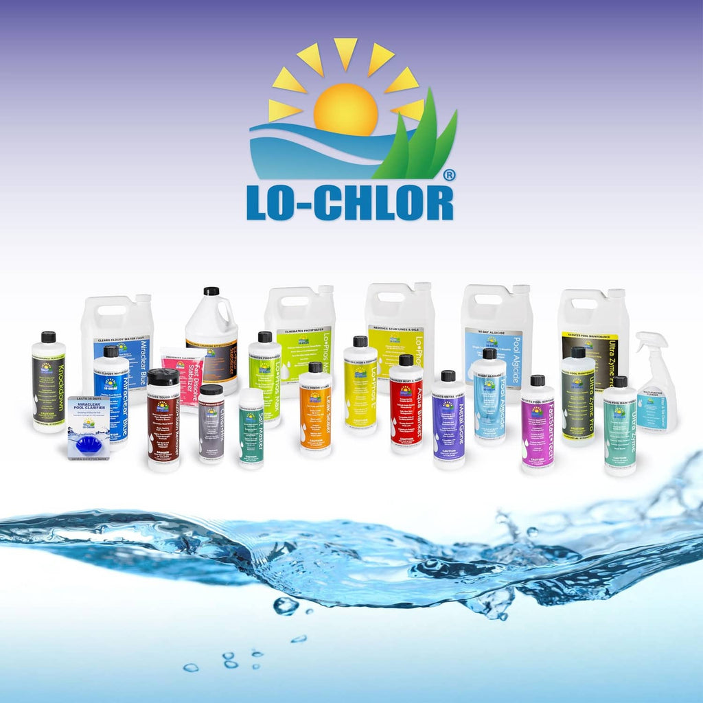 Lo-Chlor pool leak sealer and other pool chemicals bottles assortment