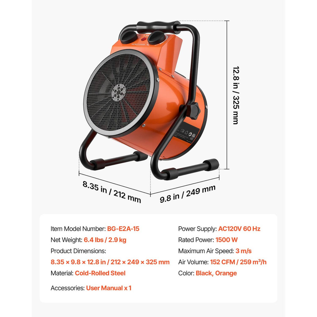 Orange electric greenhouse heater with black tubular frame, carry handle, and fan grill