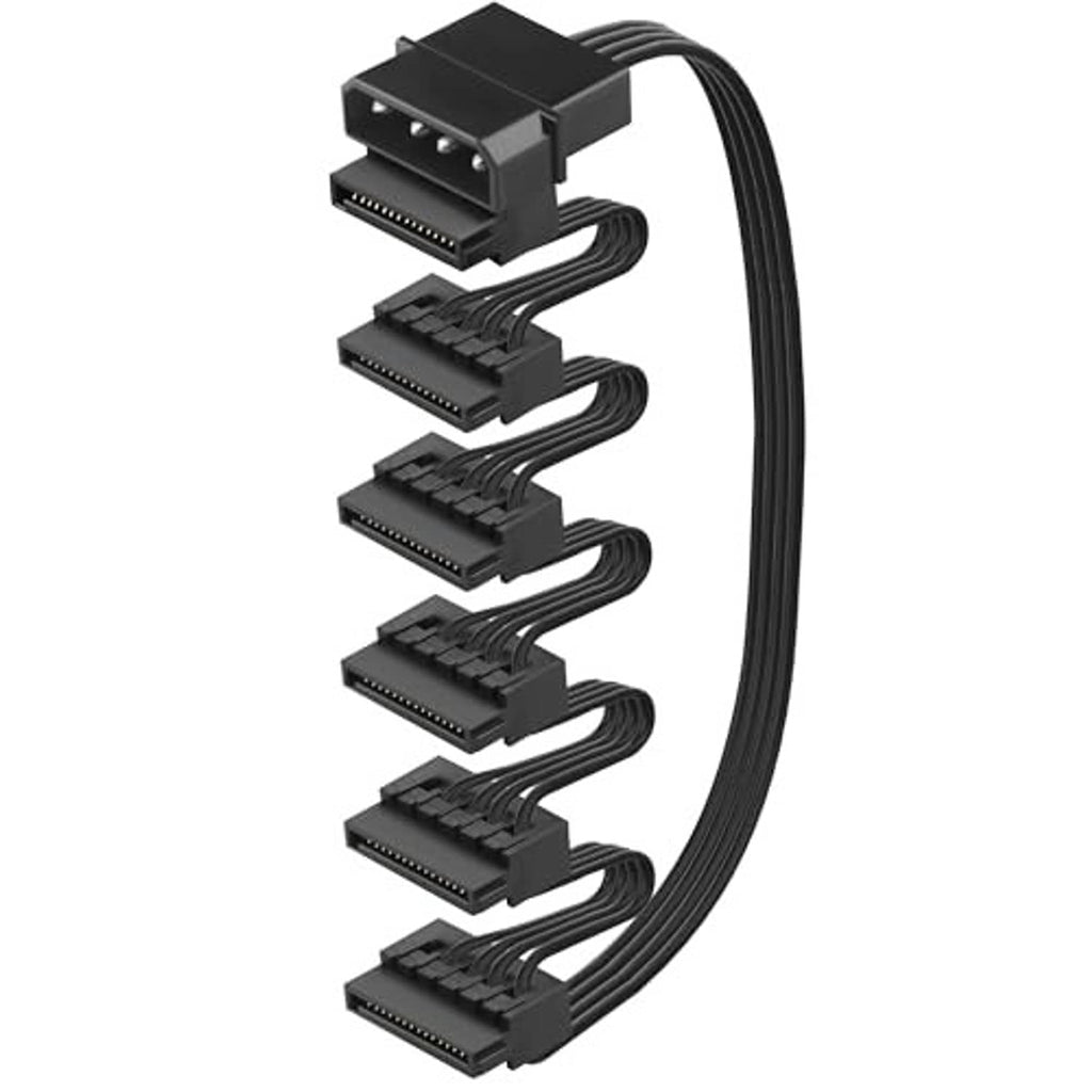 Black power expansion cable with 4-pin male plug and several SATA 15-pin female ports