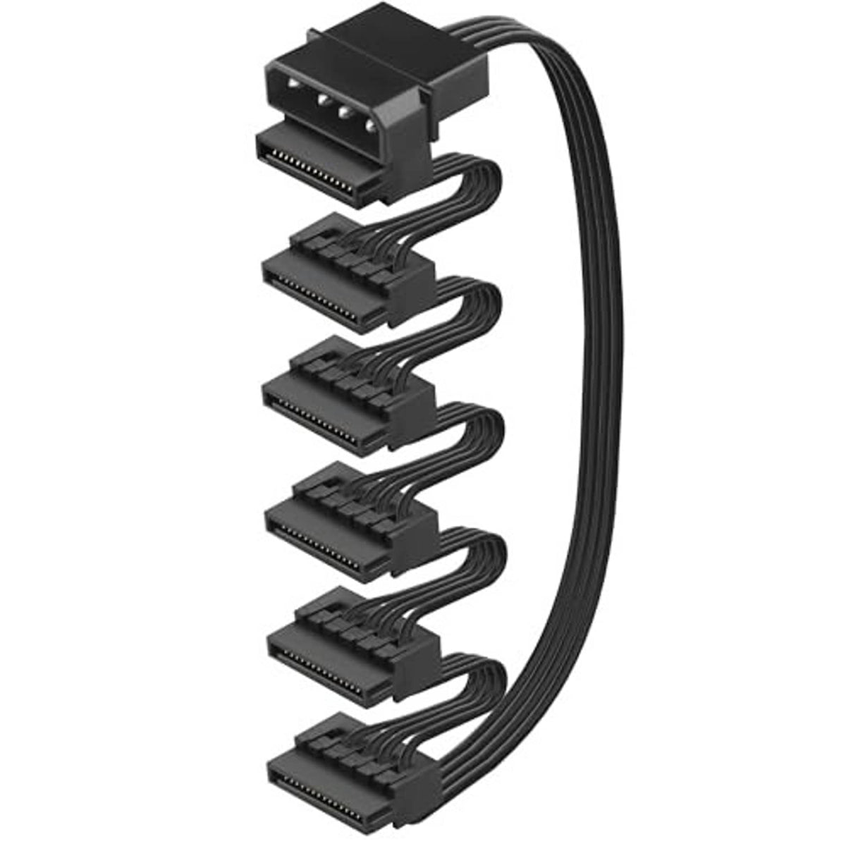 Black power expansion cable with 4-pin male plug and several SATA 15-pin female ports
