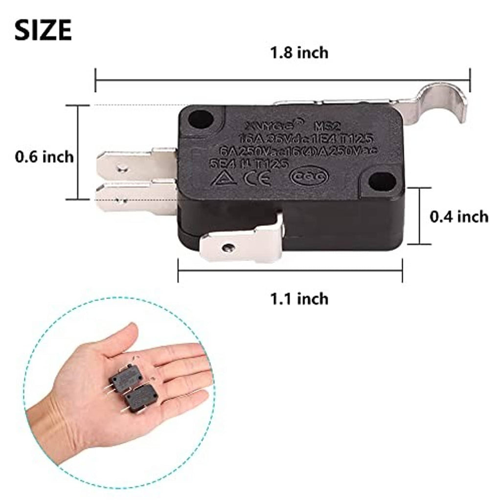 Black micro switch size chart with approximate 1.8 in length and 0.6 in width