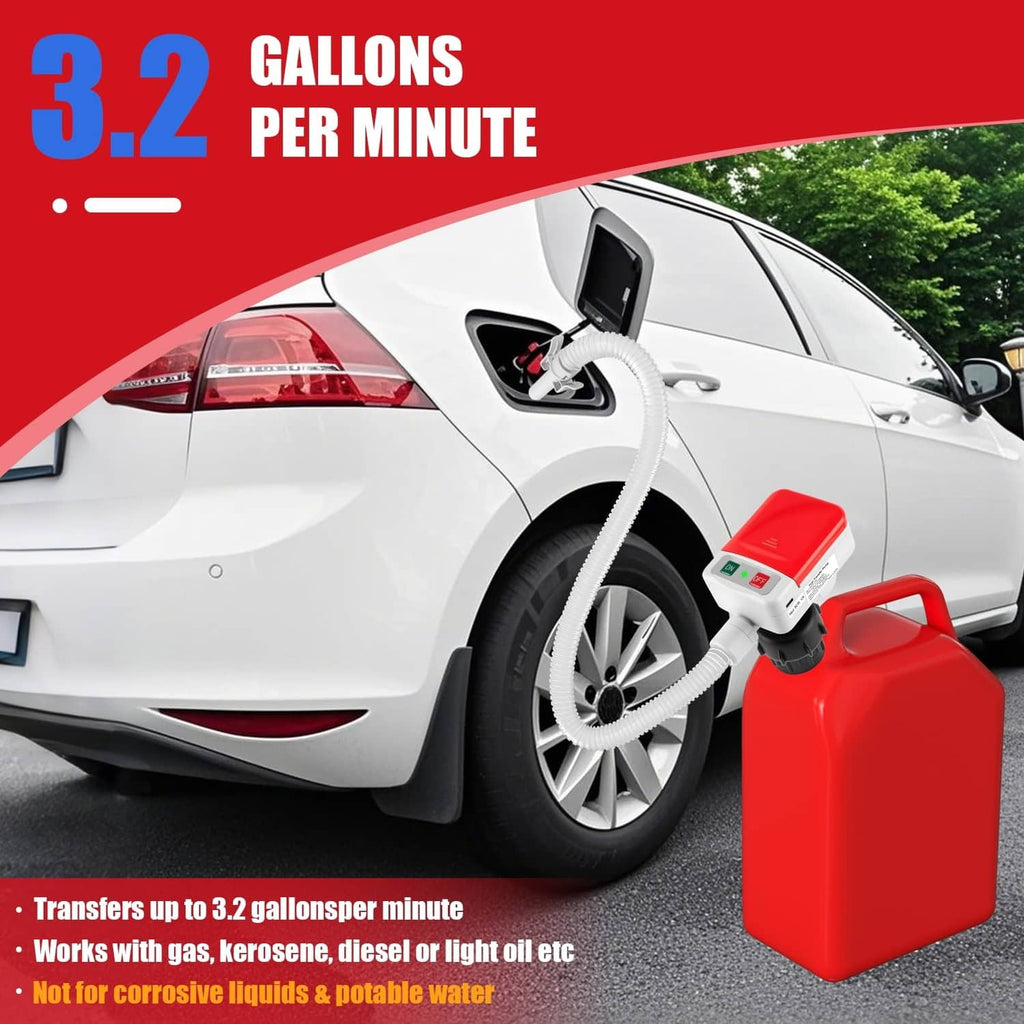 Red fuel transfer pump dispensing into a car gas tank with white suction hose