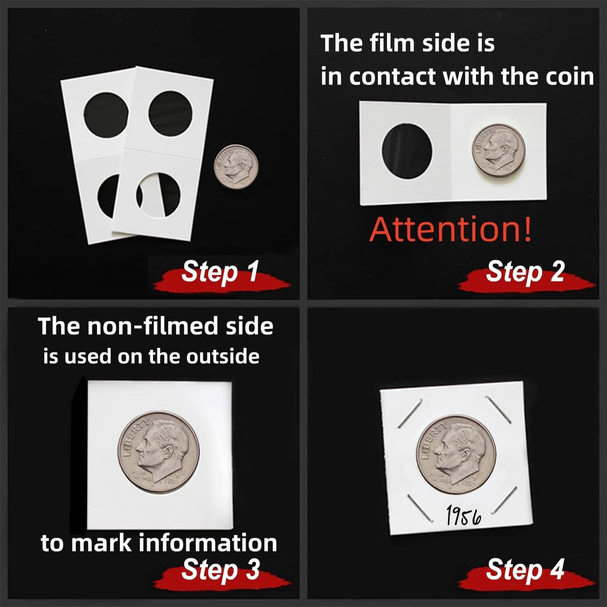 Dime coin flip sleeve with coin inserted, showing film side and non-filmed outside