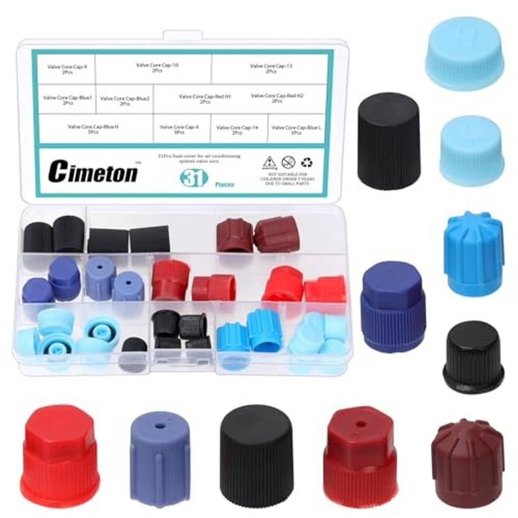 A/C valve core dust cap assortment with black, blue, light blue, and red caps