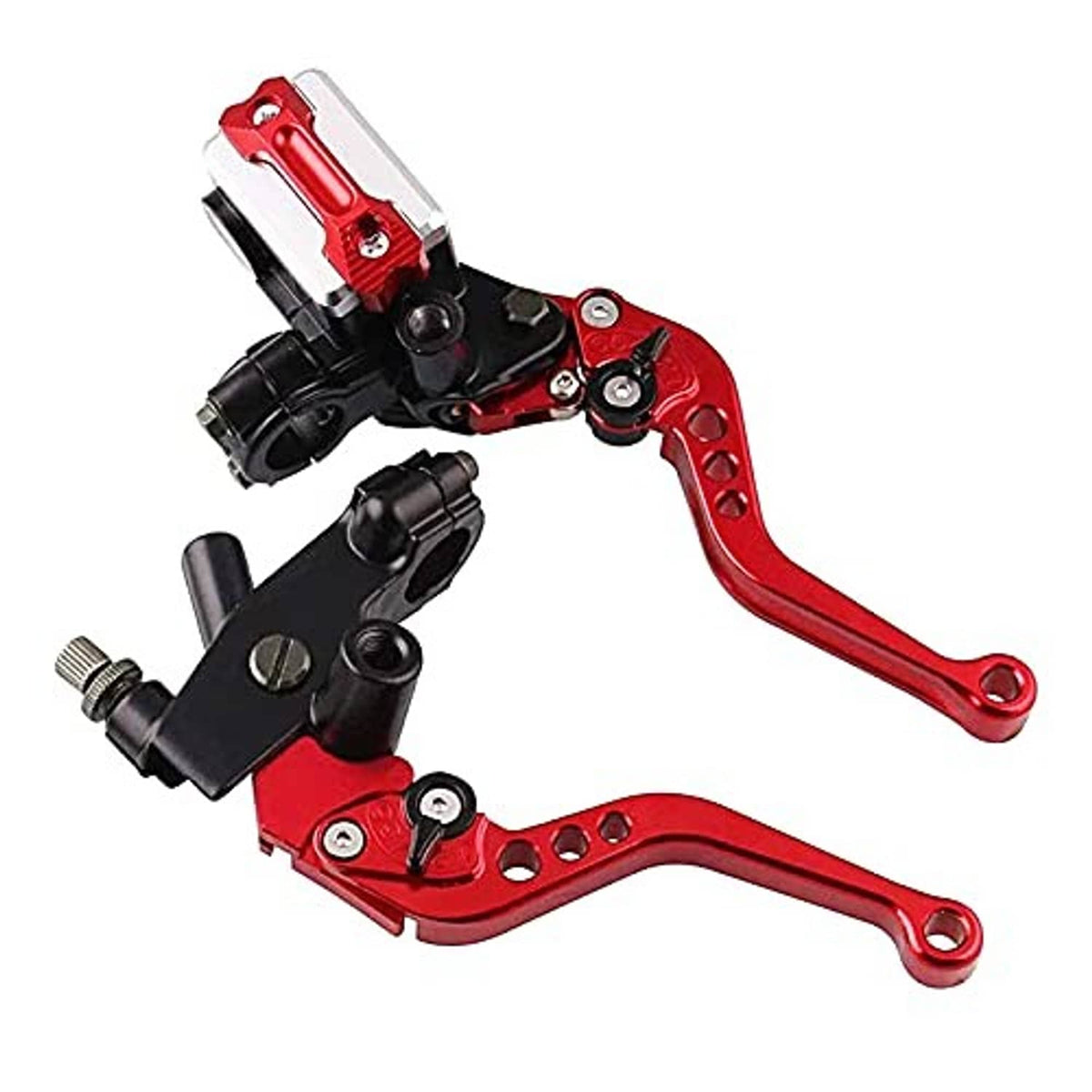 Red and black adjustable motorcycle brake and clutch lever master cylinder assembly