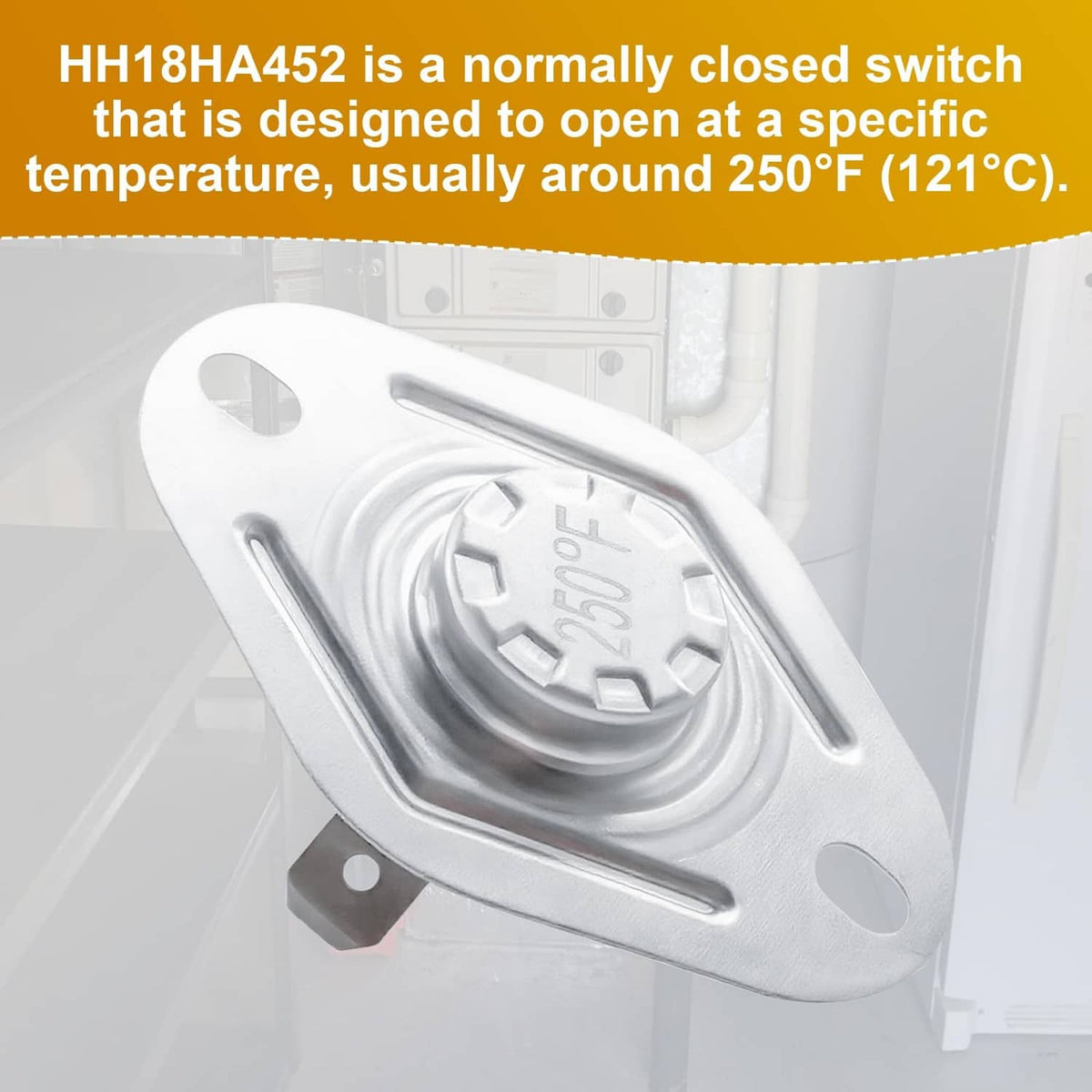 Flame rollout switch underside view with embossed “HH18HA452” label