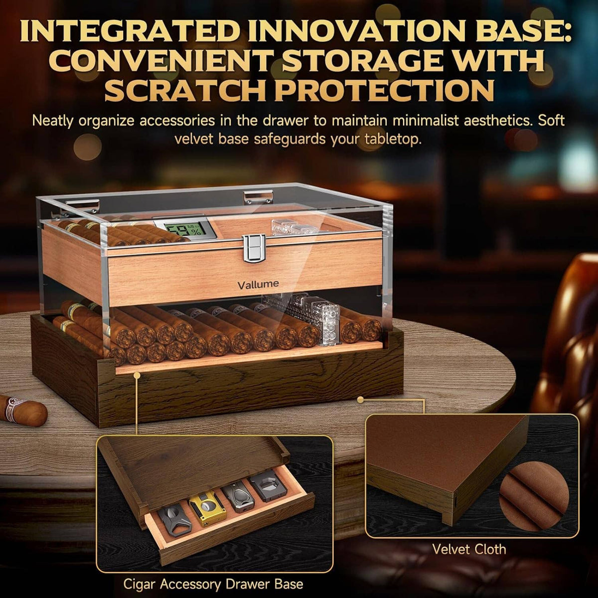 Wood and clear acrylic cigar humidor with side latch and accessory drawer bases