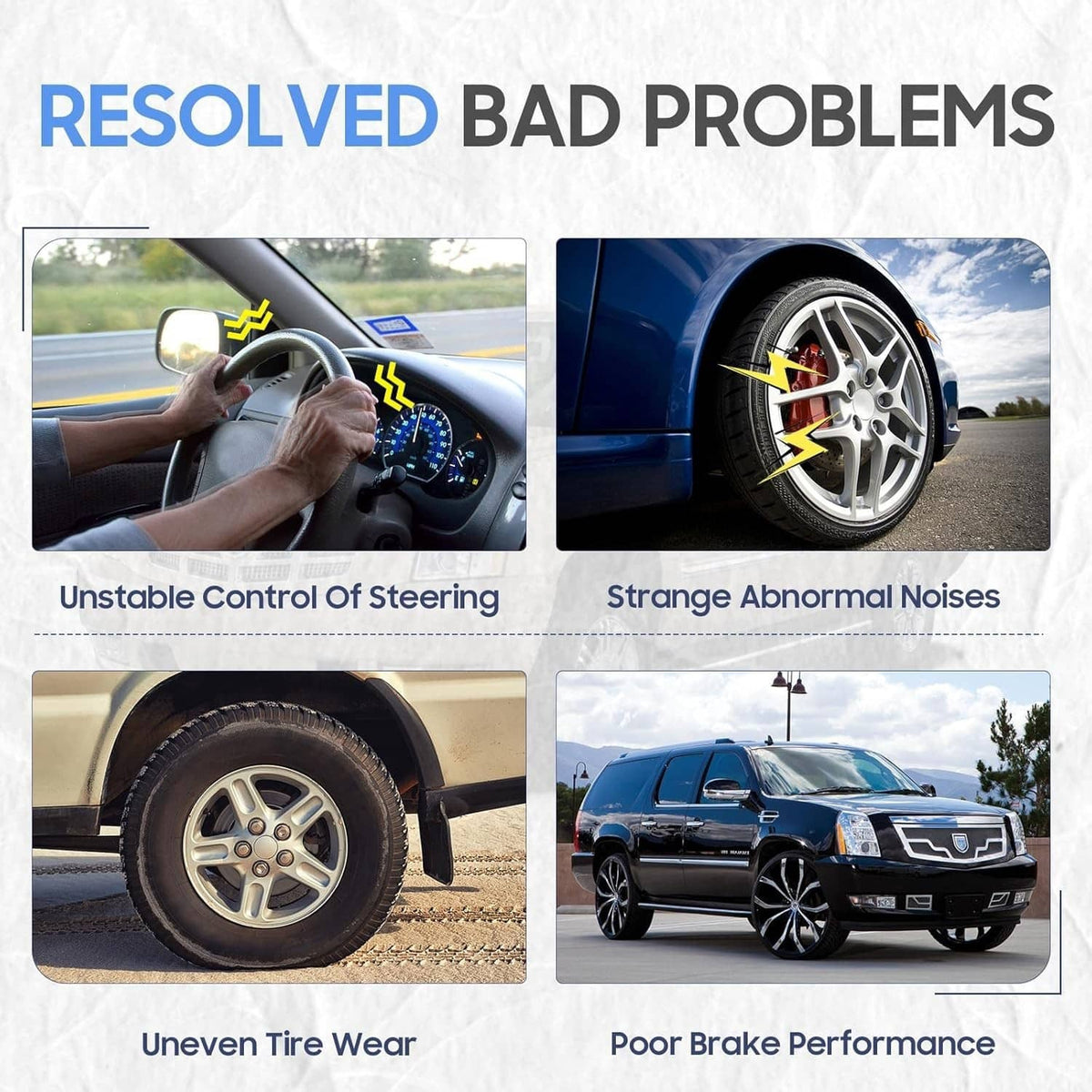 Four-panel graphic showing uneven tire wear and steering-related problems