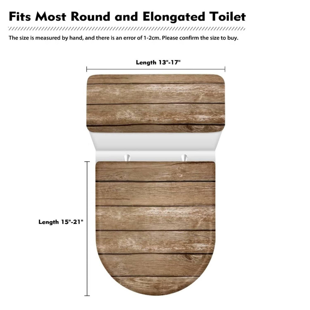 Toilet tank and seat lid cover set with brown wood-look panels and size guide