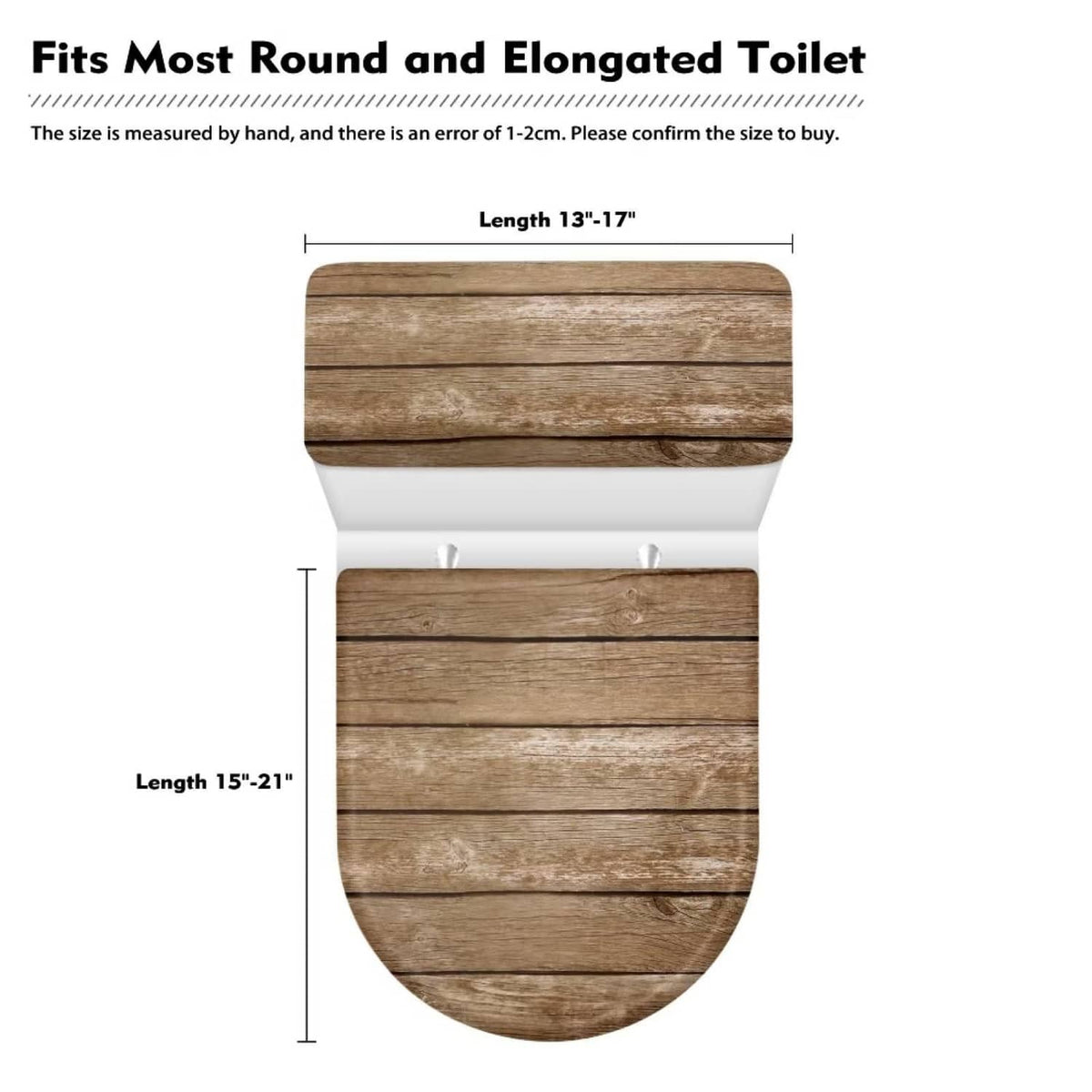 Toilet tank and seat lid cover set with brown wood-look panels and size guide